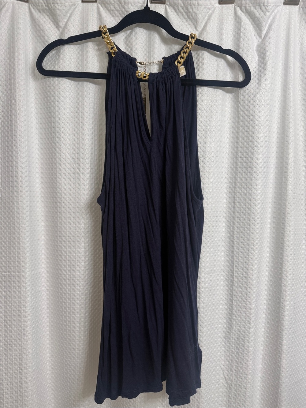 Michael Kors Chic Navy Halter Tank with Gold Chain Detail - Large